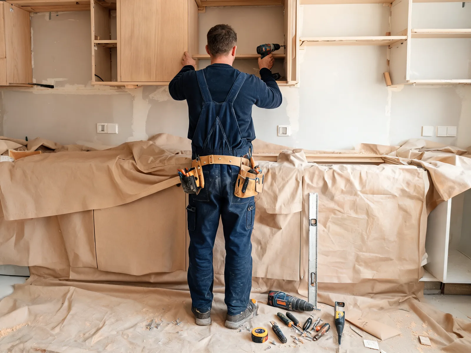 Snedker arbejder med køkkenrenovering i parcelhus i Esbjerg
